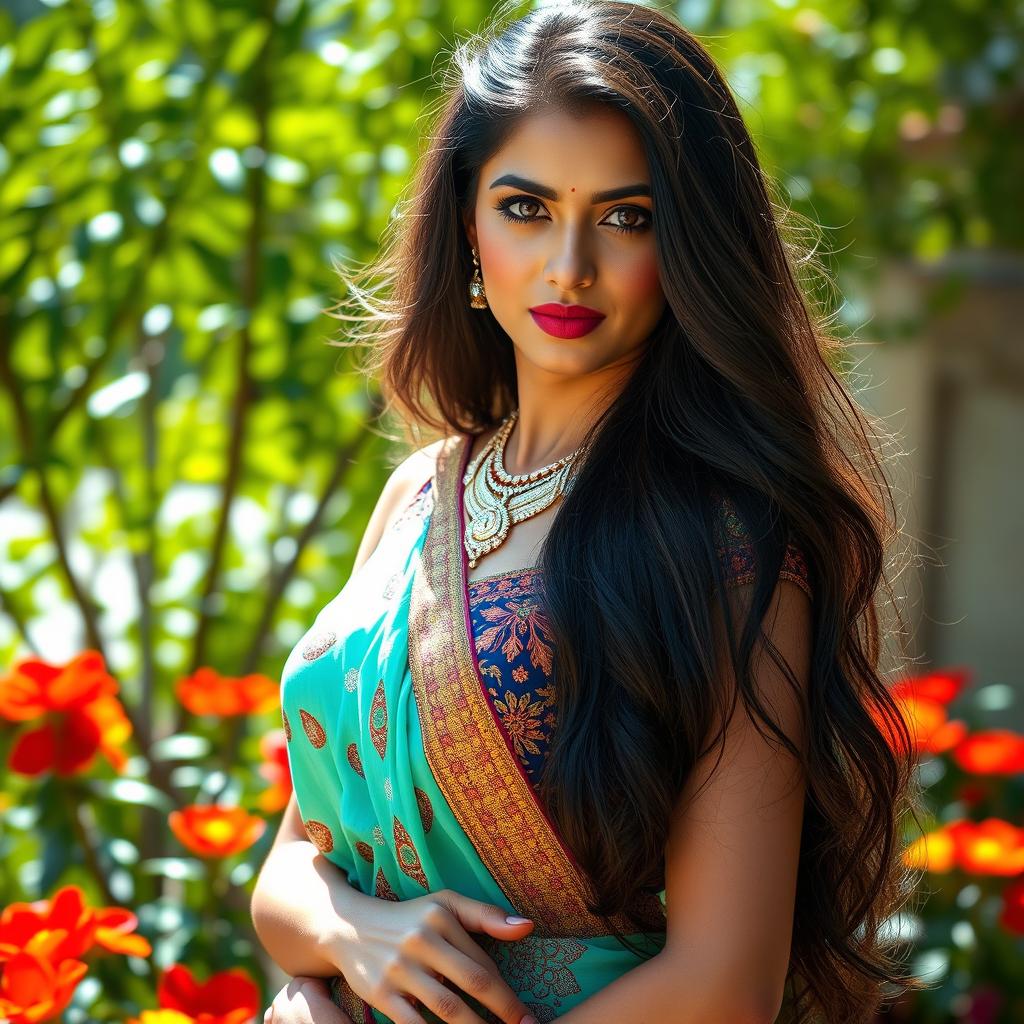 A sexy Indian girl with long flowing hair and expressive brown eyes, wearing vibrant traditional clothing with ornate patterns