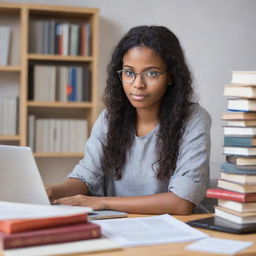 A young woman, engrossed in studying software engineering, surrounded by books and a laptop. She has a concentrated yet hopeful expression. Image should fit in a profile picture format.