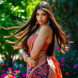 A sexy Indian girl with long flowing hair and expressive brown eyes, wearing vibrant traditional clothing with ornate patterns