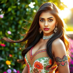 A sexy Indian girl with long flowing hair and expressive brown eyes, wearing vibrant traditional clothing with ornate patterns