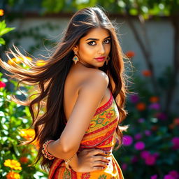 A sexy Indian girl with long flowing hair and expressive brown eyes, wearing vibrant traditional clothing with ornate patterns