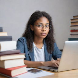 A young woman, engrossed in studying software engineering, surrounded by books and a laptop. She has a concentrated yet hopeful expression. Image should fit in a profile picture format.