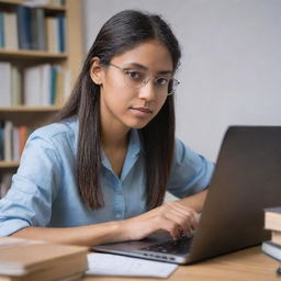 A young woman, engrossed in studying software engineering, surrounded by books and a laptop. She has a concentrated yet hopeful expression. Image should fit in a profile picture format.