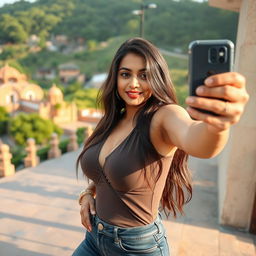 An Indian woman with fair skin and large breasts, striking a captivating pose at a selfie point