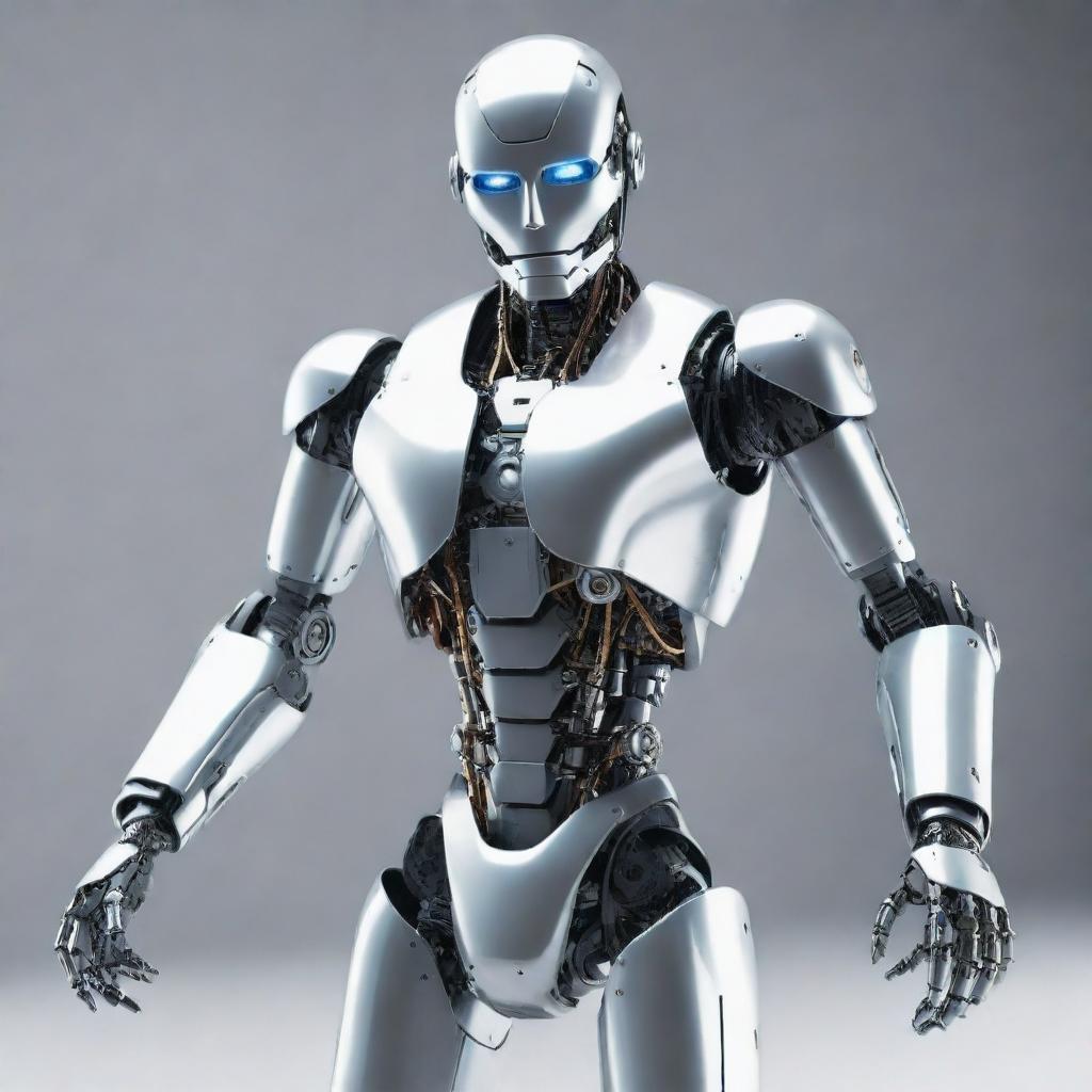 Futuristic humanoid robot with gleaming metallic body and glowing eyes, posed in a dynamic stance while showcasing its advanced mechanized features.