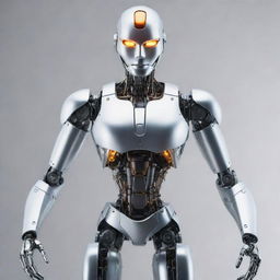 Futuristic humanoid robot with gleaming metallic body and glowing eyes, posed in a dynamic stance while showcasing its advanced mechanized features.