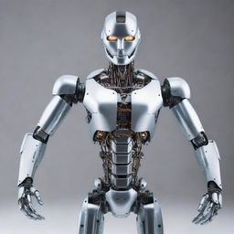 Futuristic humanoid robot with gleaming metallic body and glowing eyes, posed in a dynamic stance while showcasing its advanced mechanized features.