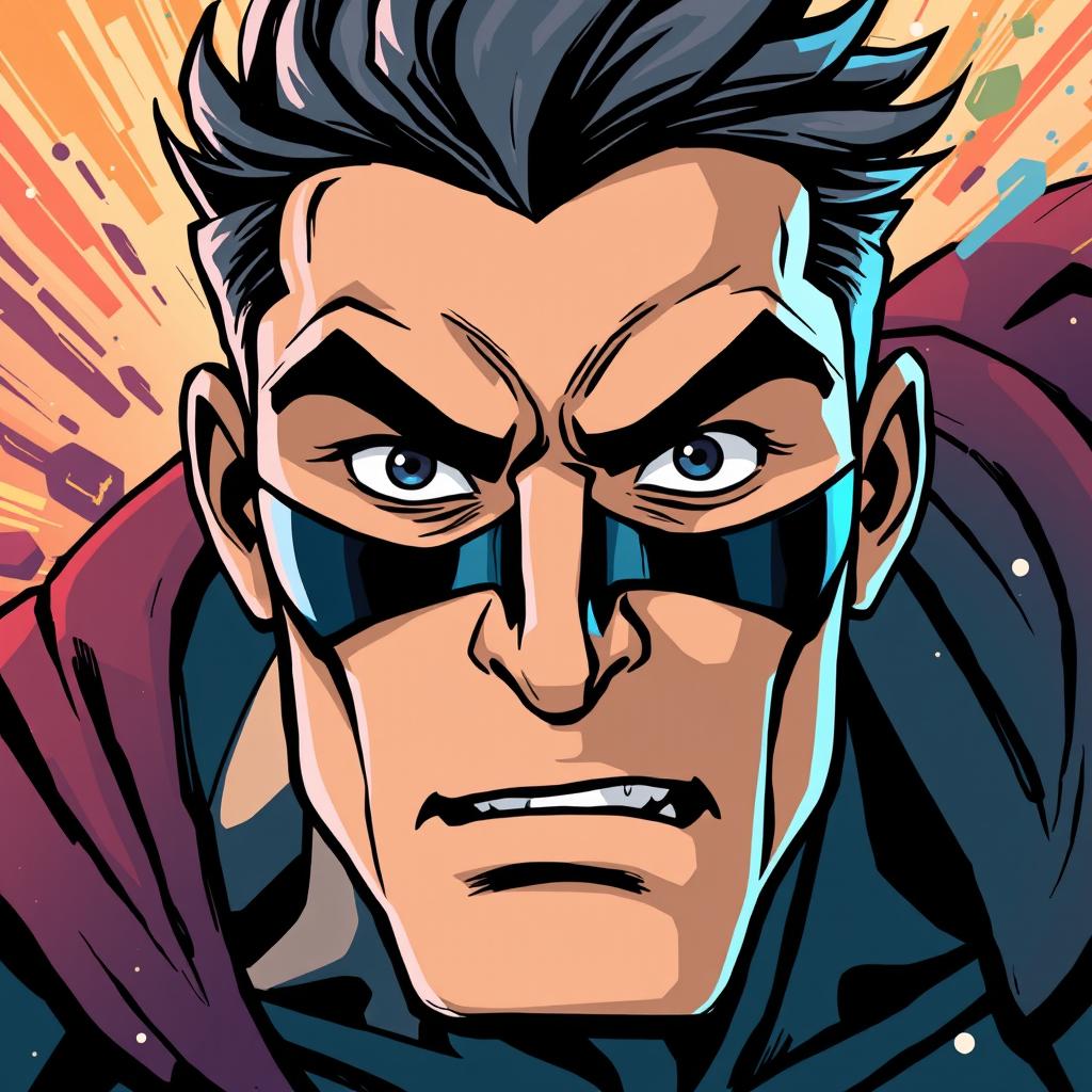 A dynamic and animated style superhero portrait, featuring a close-up of a determined hero's face