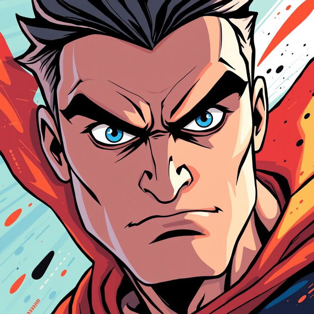 A dynamic and animated style superhero portrait, featuring a close-up of a determined hero's face