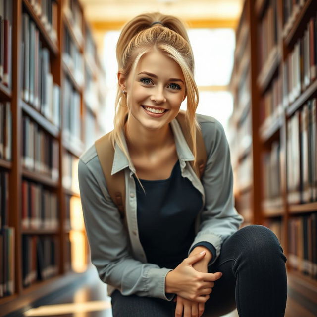 Blonde college girl with a ponytail, wearing a stylish outfit that highlights her figure