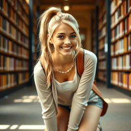 Blonde college girl with a ponytail, wearing a stylish outfit that highlights her figure