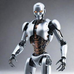 Futuristic humanoid robot with gleaming metallic body and glowing eyes, posed in a dynamic stance while showcasing its advanced mechanized features.