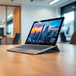 A sleek and modern Microsoft Surface Pro displayed on a wooden desk