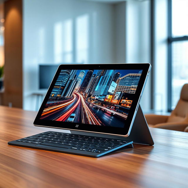 A sleek and modern Microsoft Surface Pro displayed on a wooden desk