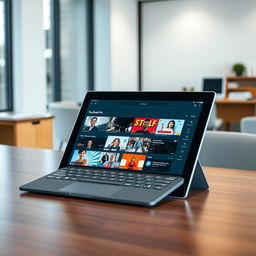 A sleek and modern Microsoft Surface Pro displayed on a wooden desk, with the YouTube homepage open on the screen