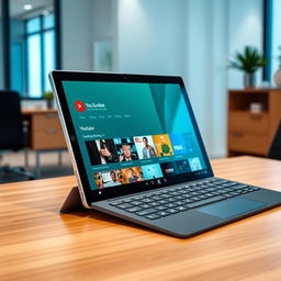 A sleek and modern Microsoft Surface Pro displayed on a wooden desk, with the YouTube homepage open on the screen