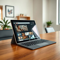 A sleek and modern Microsoft Surface Pro displayed on a wooden desk, with the YouTube homepage open on the screen