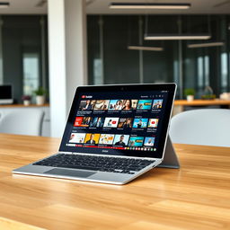 A sleek and modern Microsoft Surface Pro displayed on a wooden desk, with the YouTube homepage open on the screen