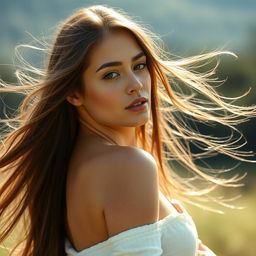 A beautiful woman, with long flowing hair, posing with grace and elegance, her skin glowing in the natural light, set against a serene background of nature, a gentle breeze creating a soft movement in her hair, her expression calm and serene, embodying natural beauty and tranquility