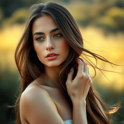 A beautiful woman, with long flowing hair, posing with grace and elegance, her skin glowing in the natural light, set against a serene background of nature, a gentle breeze creating a soft movement in her hair, her expression calm and serene, embodying natural beauty and tranquility