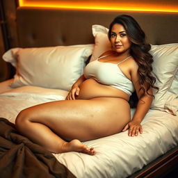 A voluptuous woman with full, curvy figure lounging comfortably on a lavish bed with high-quality linens and soft pillows