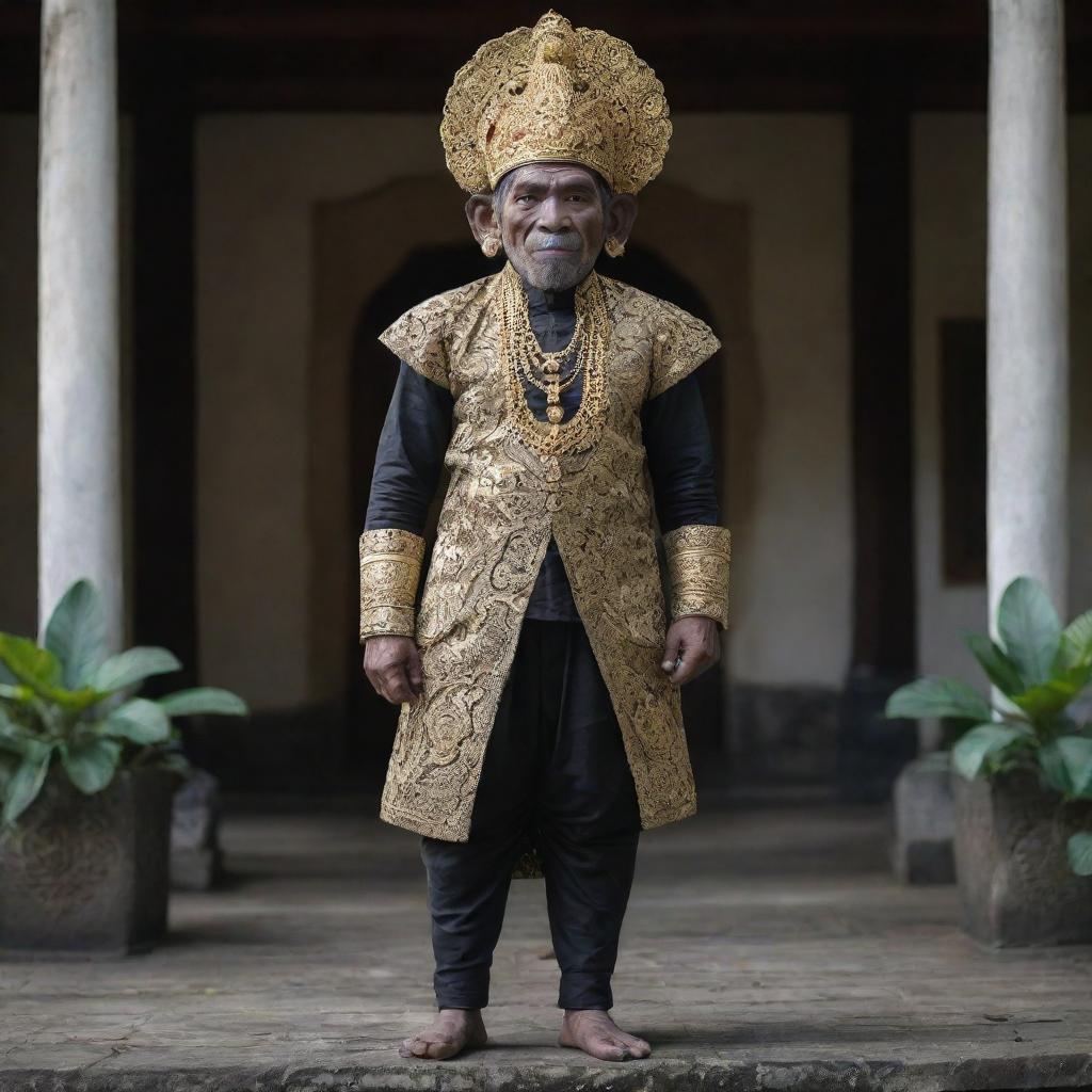 Gajah Mada, a historic figure from the Majapahit Empire in traditional Javanese clothing complete with elaborate headgear, standing proud and stoic