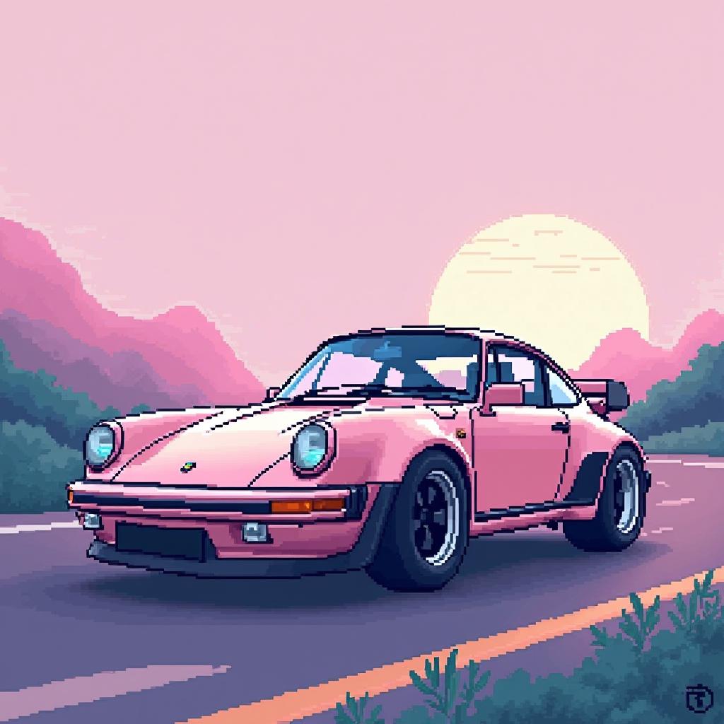 A Porsche 911 GT3 RS depicted in pixel art style with a pastel color palette