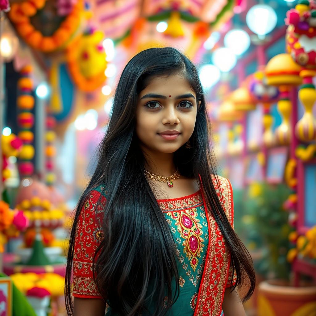 A beautiful Indian girl dressed in traditional attire with intricate embroidery, long flowing black hair, and almond-shaped brown eyes, standing amidst a vibrant and colorful festival setting