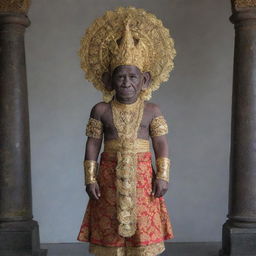 Gajah Mada, a historic figure from the Majapahit Empire in traditional Javanese clothing complete with elaborate headgear, standing proud and stoic