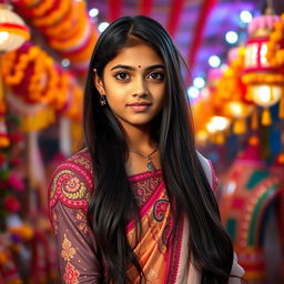 A beautiful Indian girl dressed in traditional attire with intricate embroidery, long flowing black hair, and almond-shaped brown eyes, standing amidst a vibrant and colorful festival setting