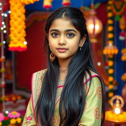 A beautiful Indian girl dressed in traditional attire with intricate embroidery, long flowing black hair, and almond-shaped brown eyes, standing amidst a vibrant and colorful festival setting