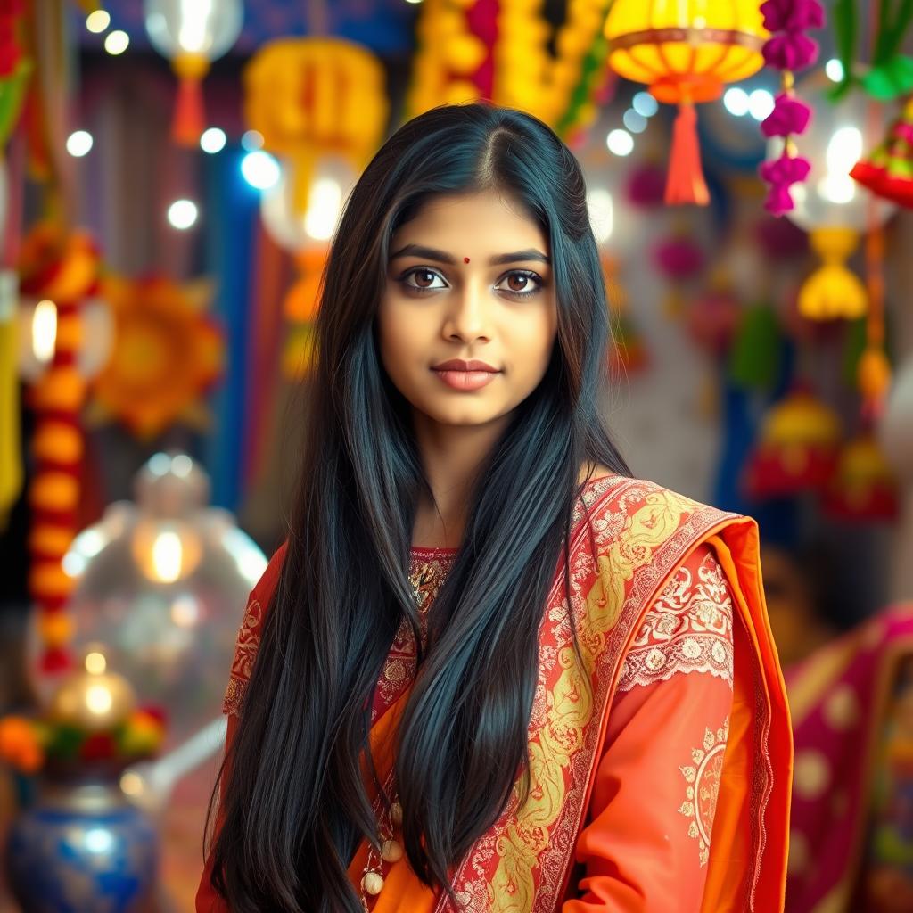 A beautiful Indian girl dressed in traditional attire with intricate embroidery, long flowing black hair, and almond-shaped brown eyes, standing amidst a vibrant and colorful festival setting