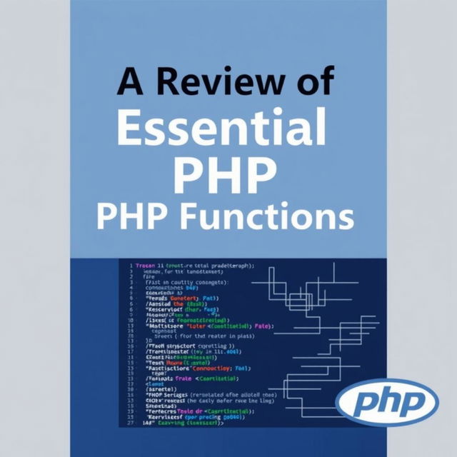 A book cover design for "A Review of Essential PHP Functions," featuring a simple and professional look suitable for a technical book