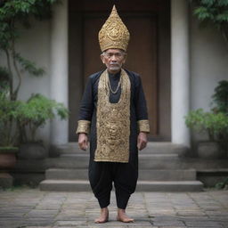 Gajah Mada, a historic figure from the Majapahit Empire in traditional Javanese clothing complete with elaborate headgear, standing proud and stoic