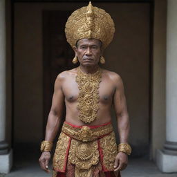 Gajah Mada, a historic figure from the Majapahit Empire in traditional Javanese clothing complete with elaborate headgear, standing proud and stoic