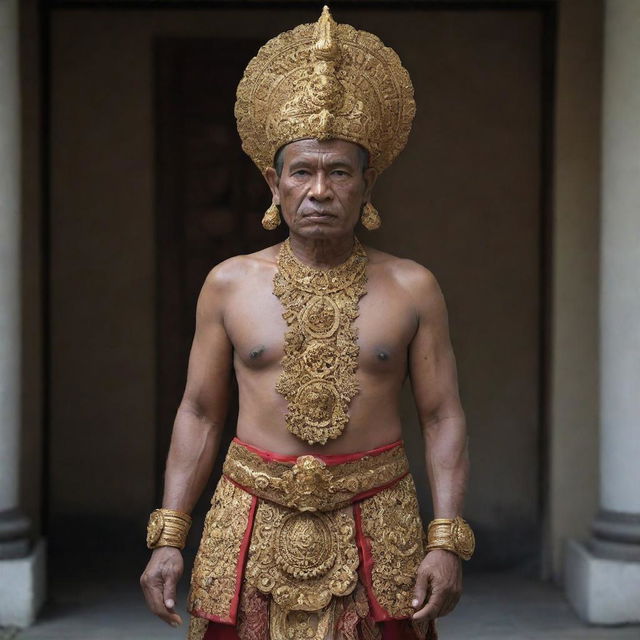 Gajah Mada, a historic figure from the Majapahit Empire in traditional Javanese clothing complete with elaborate headgear, standing proud and stoic