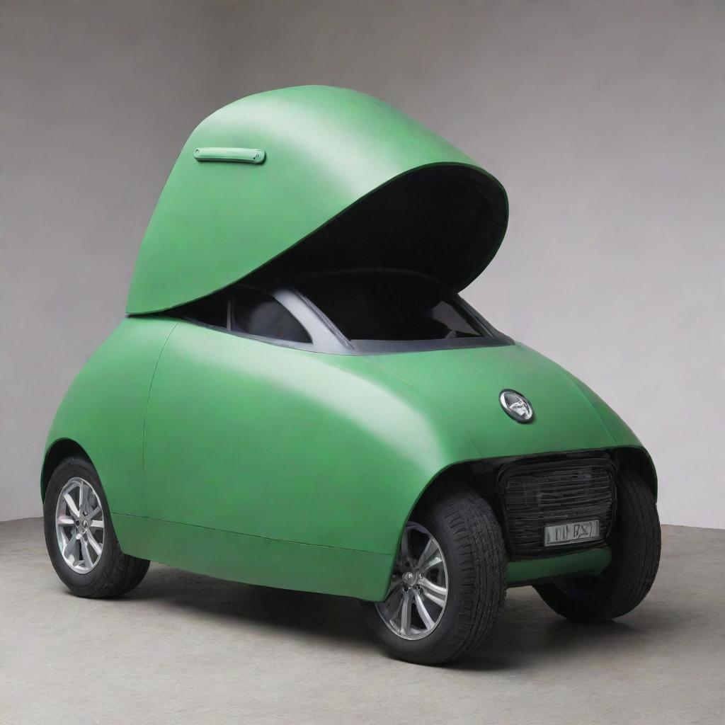 A backpack shaped as a car, large enough for a person to sit inside