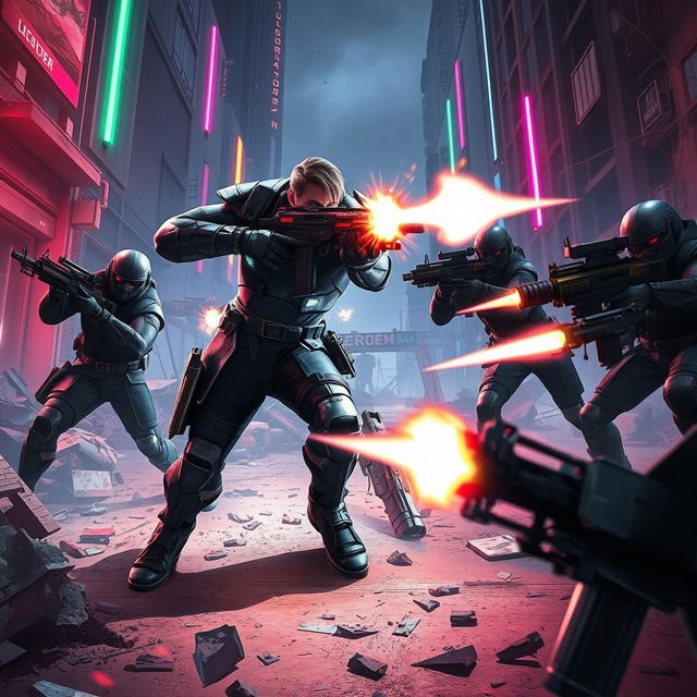 A dynamic and intense scene from the game Blood Strike, showcasing a solo player skillfully taking on a squad of well-armed opponents in a futuristic urban battlefield