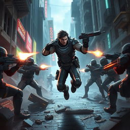 A dynamic and intense scene from the game Blood Strike, showcasing a solo player skillfully taking on a squad of well-armed opponents in a futuristic urban battlefield