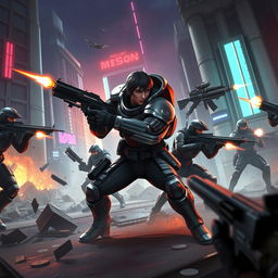 A dynamic and intense scene from the game Blood Strike, showcasing a solo player skillfully taking on a squad of well-armed opponents in a futuristic urban battlefield