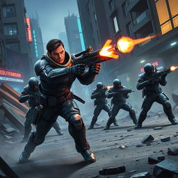 A dynamic and intense scene from the game Blood Strike, showcasing a solo player skillfully taking on a squad of well-armed opponents in a futuristic urban battlefield