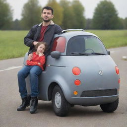 A backpack shaped as a car, large enough for a person to sit inside