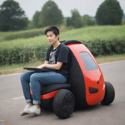 A backpack shaped as a car, large enough for a person to sit inside