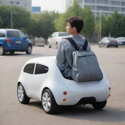 A backpack shaped as a car, large enough for a person to sit inside