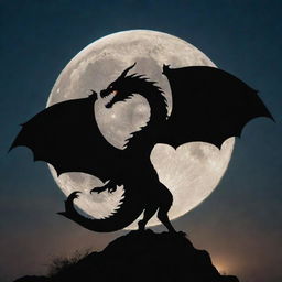 A majestic dragon silhouetted against a large, glowing full moon in a star-lit sky