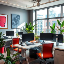 A modern and contemporary graphic design office featuring five workstations with dual-screen computers