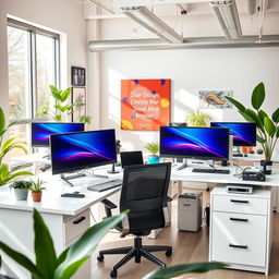 A modern and contemporary graphic design office featuring five workstations with dual-screen computers