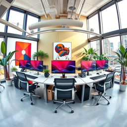 A modern and contemporary graphic design office featuring five workstations with dual-screen computers in a panoramic layout