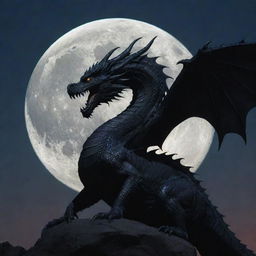 A majestic dragon silhouetted against a large, glowing full moon in a star-lit sky