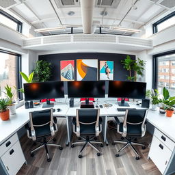 A modern and contemporary graphic design office featuring five workstations with dual-screen computers in a panoramic layout